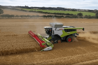 A combine harvester in Northumberland in action harvesting grain